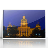 Art deco poster of Iowa scenery in muted hues on white framed acrylic, ideal for modern nursery wall decor.