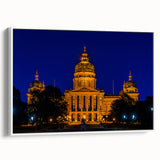 Vintage poster art of Iowa scenery on extra-large framed canvas, featuring colorful art against a black background.