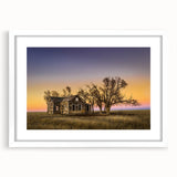 Abstract art print of a Kansas landscape in muted earth tones on a white-framed mat, ideal for dining room decor.
