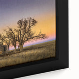 Extra large framed canvas depicting a textured, colorful Kansas scenery in predominantly black tones.
