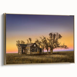 Framed canvas featuring a vintage-style landscape painting of the Kansas scenery in muted gold and black tones.