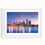 Abstract art print depicting a vibrant Kentucky landscape in blues and greens, framed in white, ideal for dining room decor.