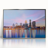 Mid-century modernist art depicting Kentucky scenery in cool blue tones, acrylic print framed in silver.