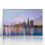 Art deco poster of Kentucky scenery in muted blue and green tones, acrylic print framed in white.