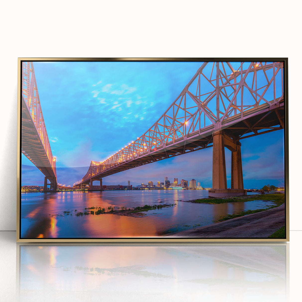 Acrylic print of New Orleans scenery in gold and teal tones, framed, mid-century modernist style.