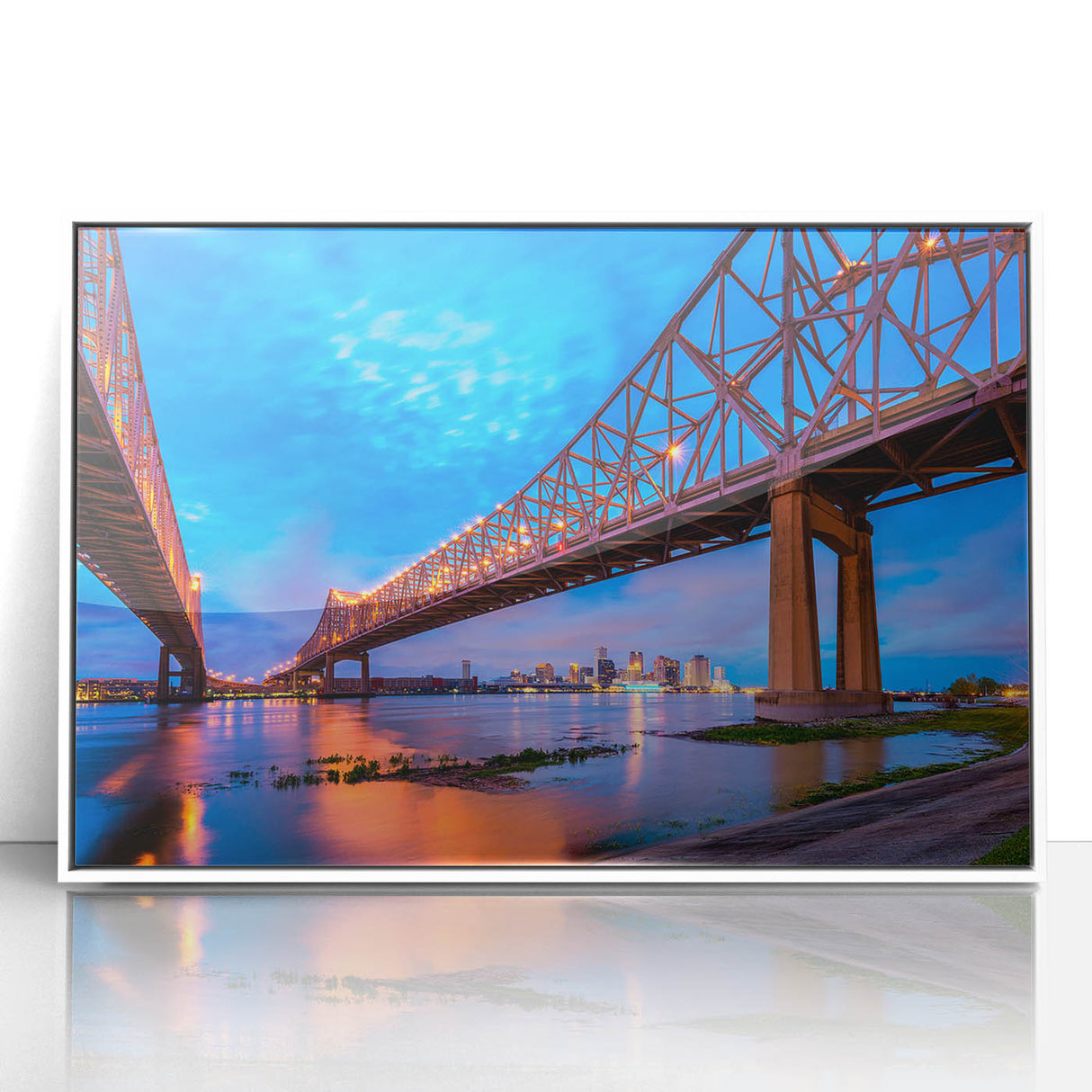 Acrylic print of New Orleans scenery with art deco design, featuring muted blues and greens, ideal for modern art wall decor.