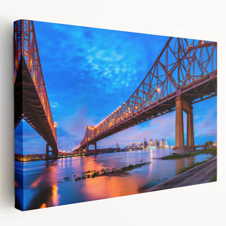 New Orleans cityscape on stretched canvas, featuring muted blue and green hues, ideal for kitchen wall art.