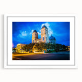 Abstract art print of Louisiana scenery in muted earth tones on a white matted frame, suitable for dining room decor.