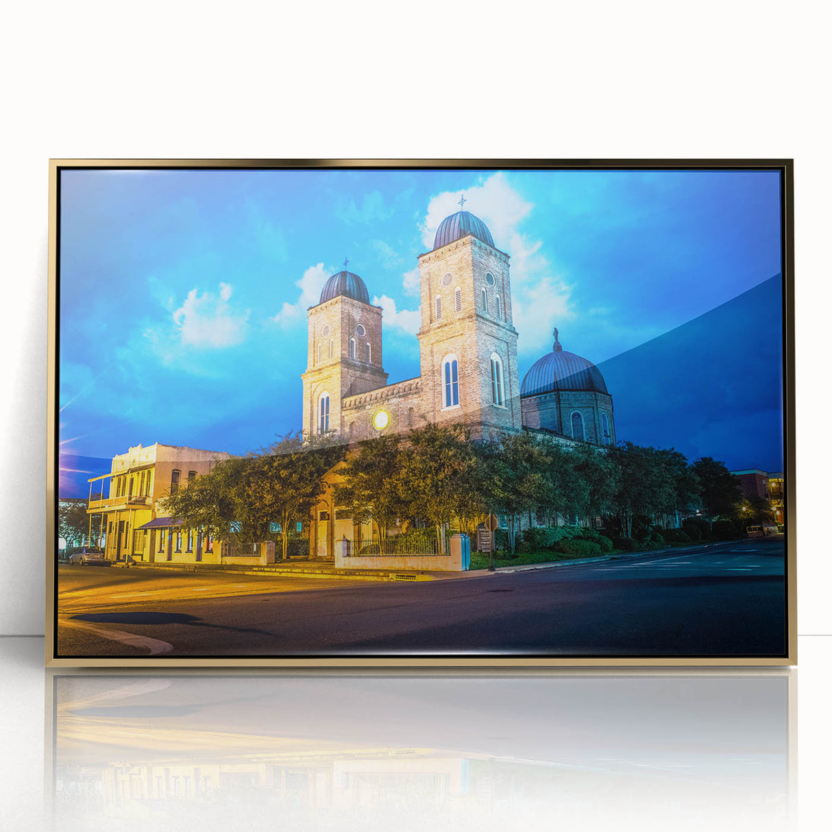 Large art print of a Louisiana landscape in mid-century modernist style, with muted earth tones on framed acrylic.