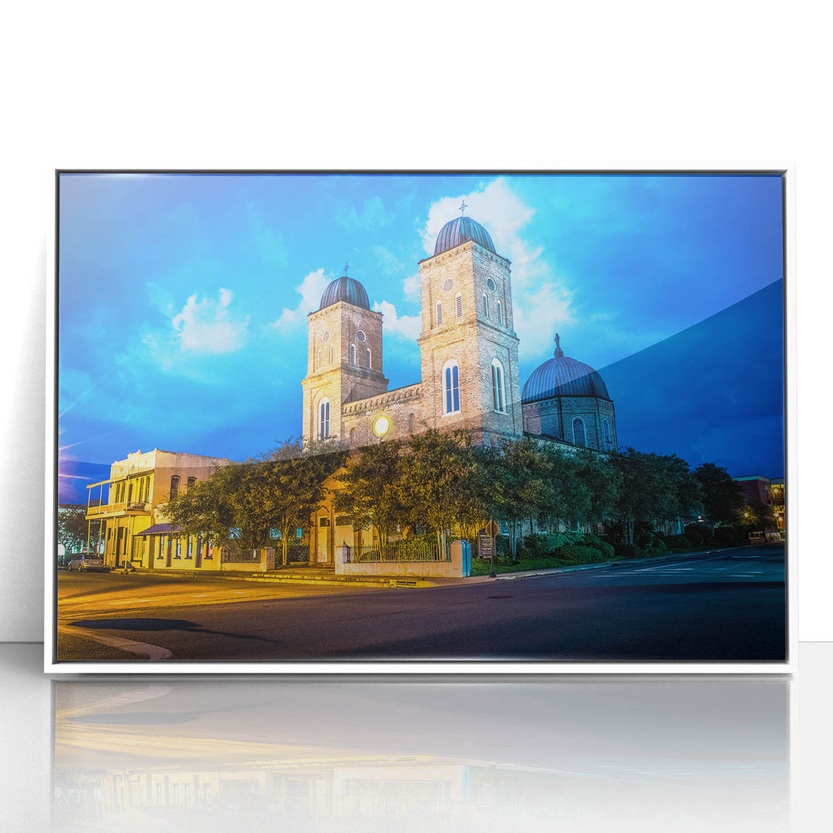 Art deco poster of Louisiana scenery in muted colors on framed acrylic, suitable for modern art wall decor or nursery.