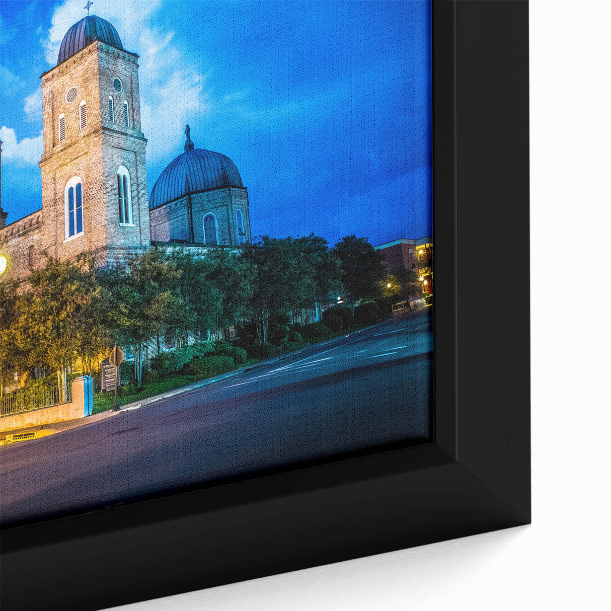 Close-up of extra large framed canvas featuring a textured, colorful Louisiana scenery in black wall art style.