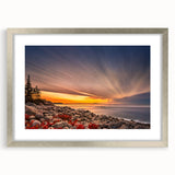 Textured abstract art print of Acadia, Maine in muted earth tones on a framed canvas, suitable for bedroom art.