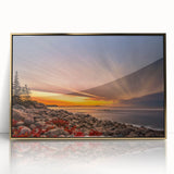 Acadia National Park scenery on gold-framed acrylic, featuring deep blue and green hues in a mid-century modernist style.