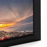 Close-up of a textured black wall art depicting Acadia National Park on a framed canvas, featuring colorful, vibrant hues.