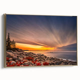 Framed canvas of Acadia National Park with gold accents, featuring a landscape painting in black and vintage poster style.