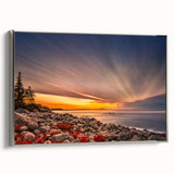 Framed canvas depicting Acadia, Maine landscape with vibrant green and blue tones, ideal for living room decor.