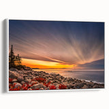 Vintage poster art of Acadia, Maine on a white framed canvas, featuring a colorful palette, ideal for living room decor.