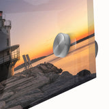 Large abstract wall art depicting a serene Maine landscape in muted green and blue tones on acrylic glass.