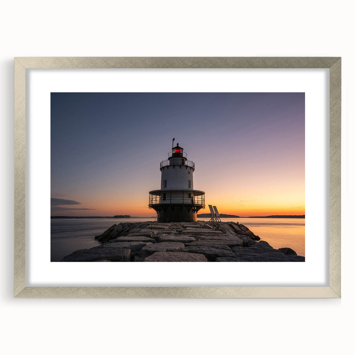 Textured abstract art print depicting a serene Maine landscape in muted earth tones, framed in silver.