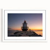 Abstract art print of a Maine landscape in muted blue and green tones on a white-framed canvas.