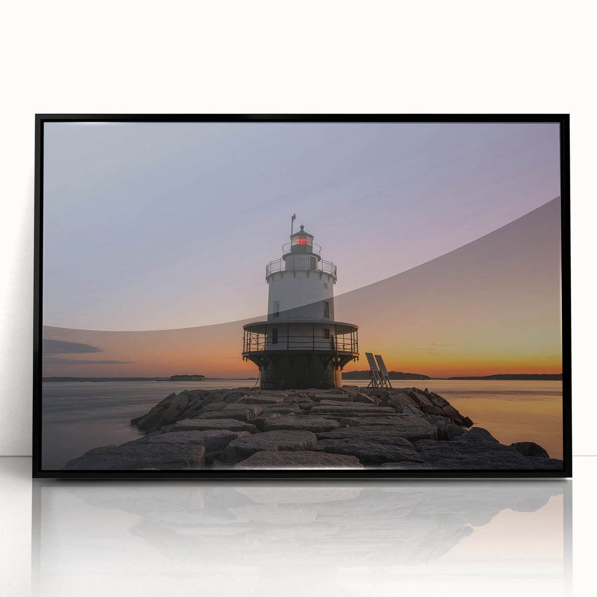 Large abstract wall art depicting a Maine landscape in muted earth tones, framed in black acrylic.