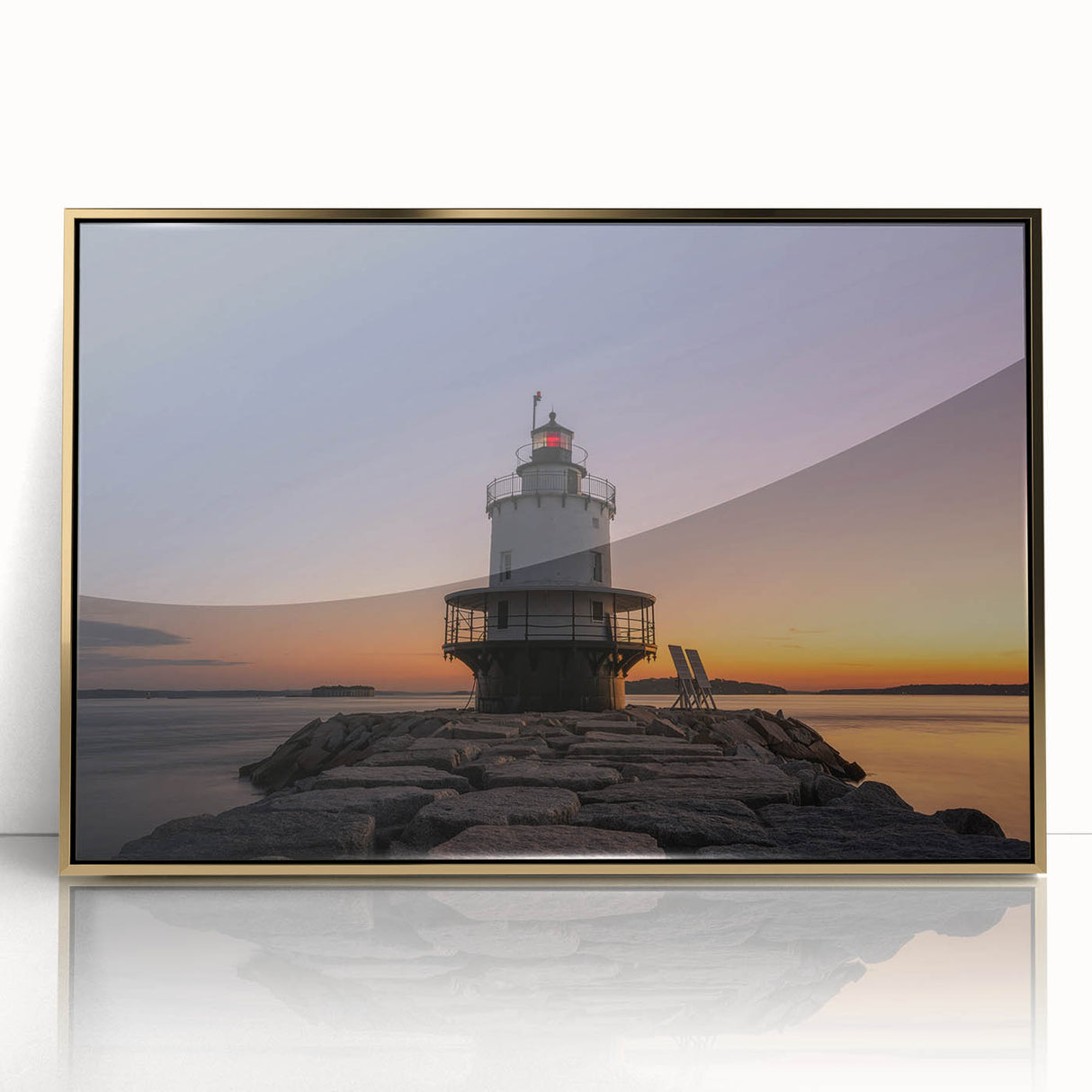 Mid-century modernist acrylic print featuring a serene Maine landscape in muted earth tones, ideal for modern art wall decor.