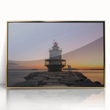 Mid-century modernist acrylic print featuring a serene Maine landscape in muted earth tones, ideal for modern art wall decor.