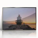 Mid-century modernist art depicting a serene Maine landscape in muted earth tones on a framed acrylic panel.