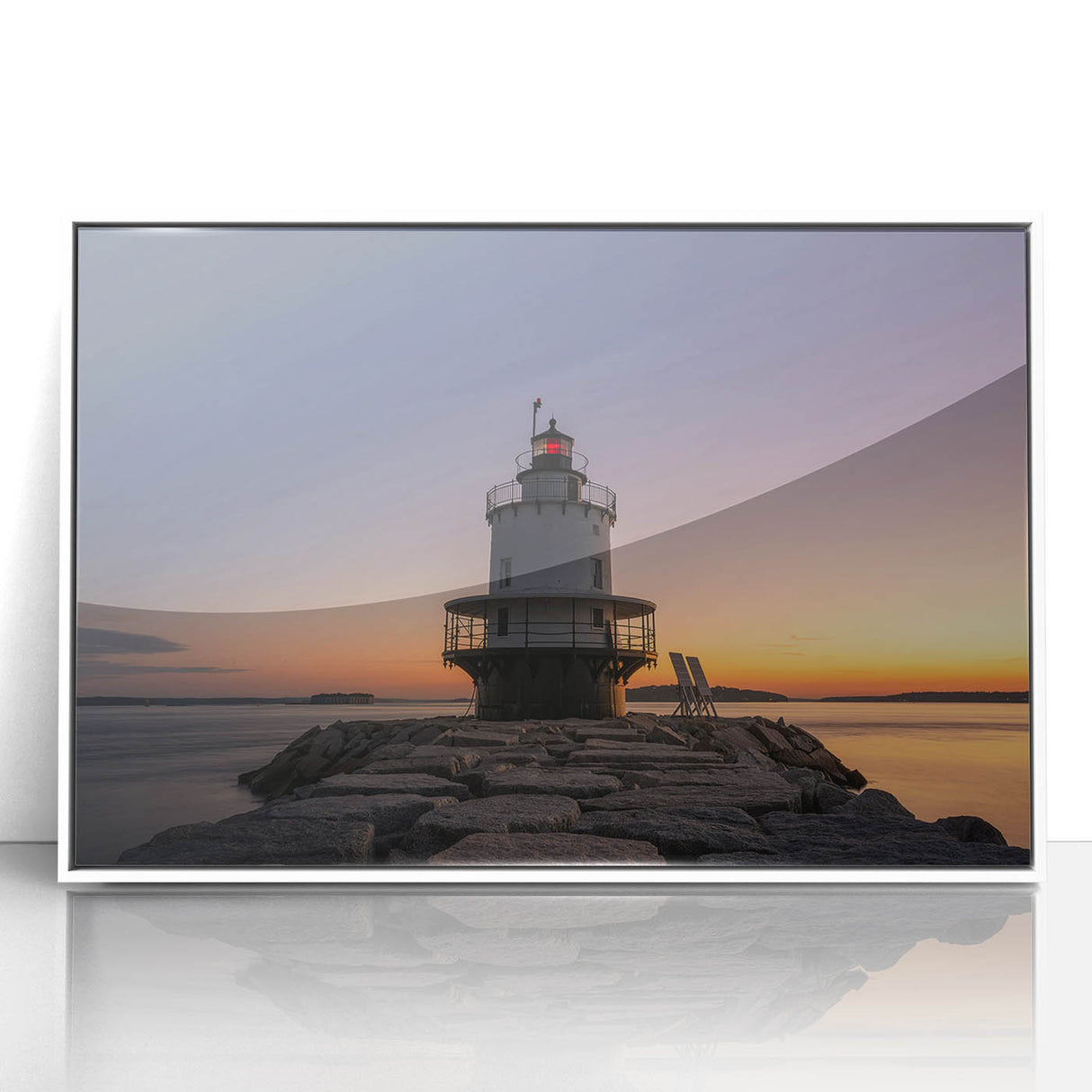 Acrylic print of a serene Maine landscape in soft blue tones, framed in white, suitable for modern nursery decor.