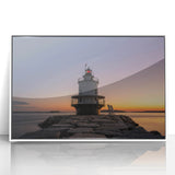 Acrylic print of a serene Maine landscape in soft blue tones, framed in white, suitable for modern nursery decor.