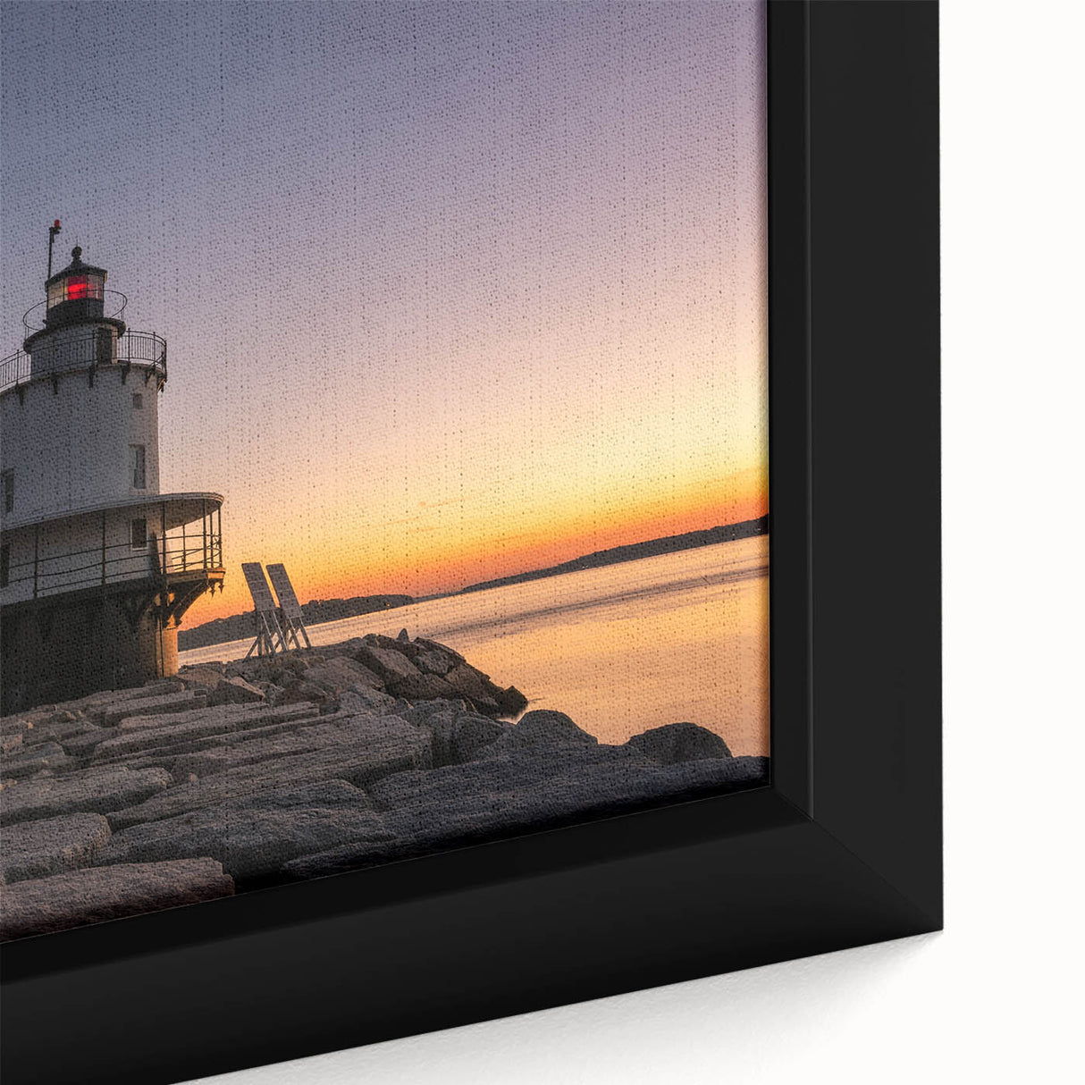 Close-up of a black wall art canvas featuring a textured Maine scenery in vibrant colors, ideal for living room decor.