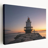 Scenic Maine coastline depicted in muted blue and green hues on a large stretched canvas, suitable for kitchen wall art.