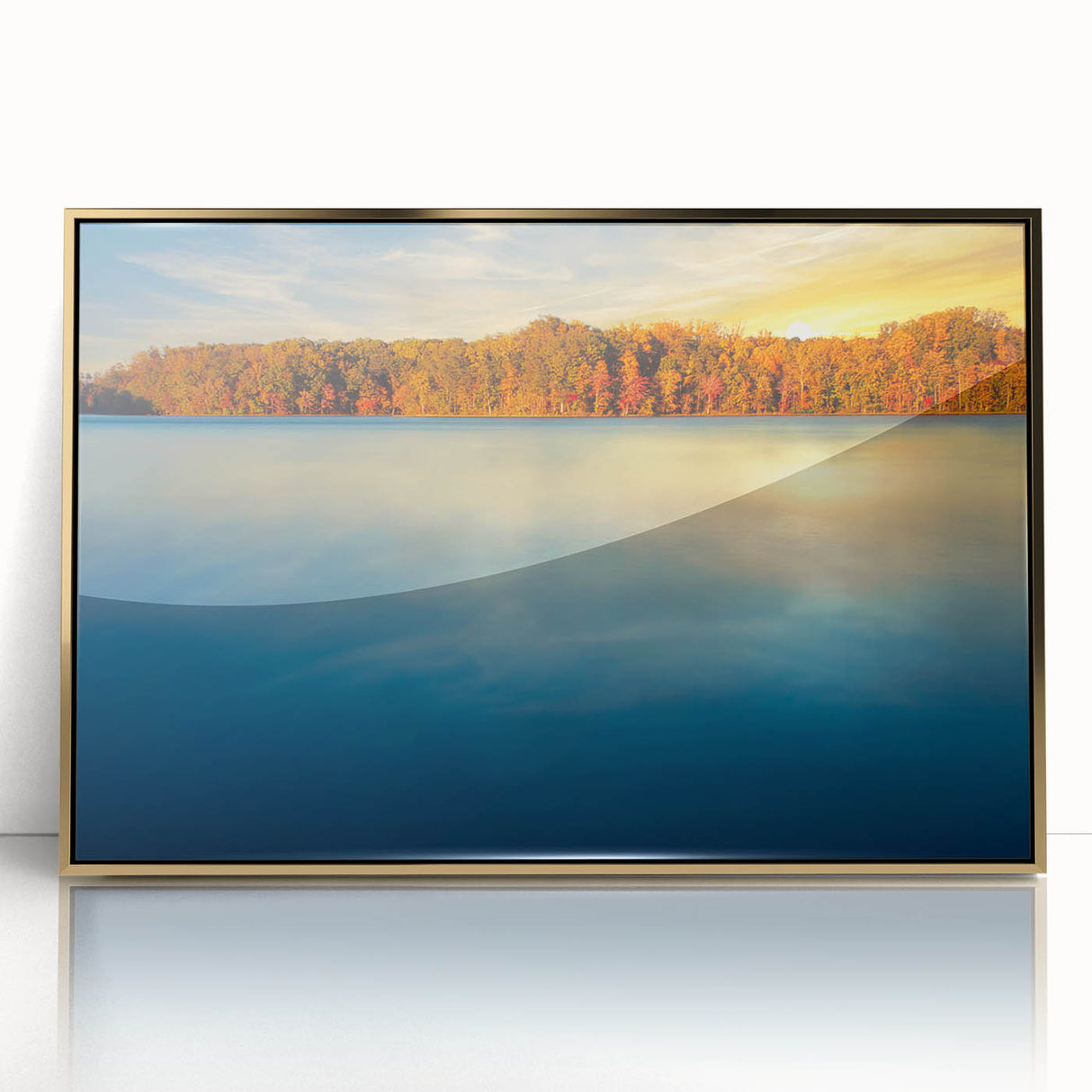 Framed acrylic print of Annapolis scenery in gold and blue tones, ideal for modern art wall decor.