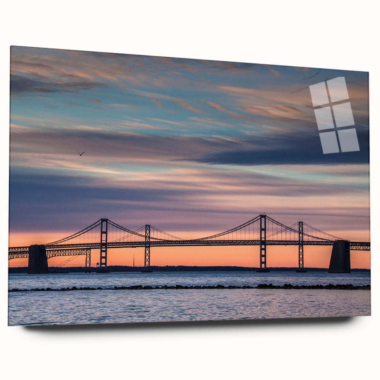 Acrylic print of large abstract depiction of Baltimore skyline in muted blue tones, suitable for bedroom or dining room art.