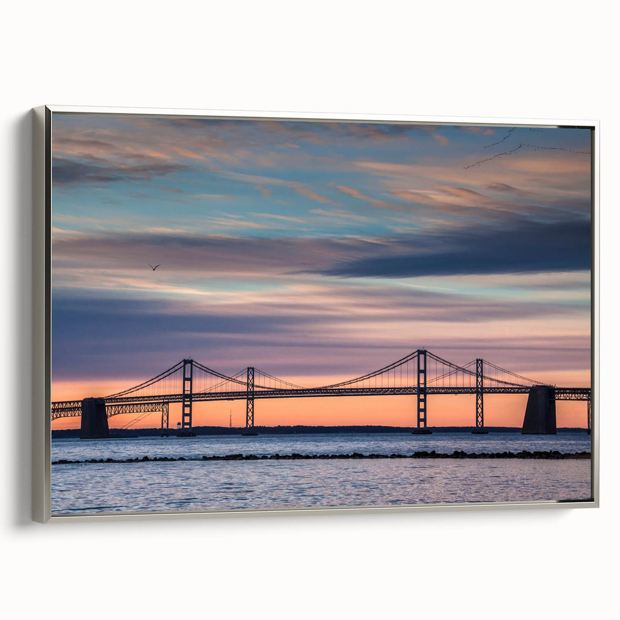 Framed canvas of vintage-style Baltimore landscape painting with vibrant colors on a black background.