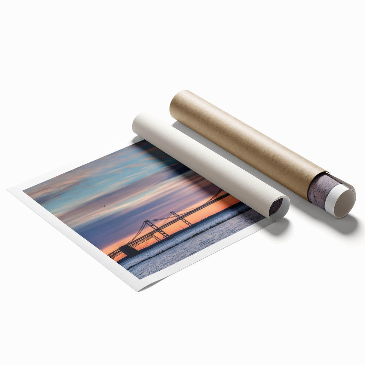 Rolled print of Baltimore skyline featuring soft pastel hues, ideal for classy bathroom wall art.