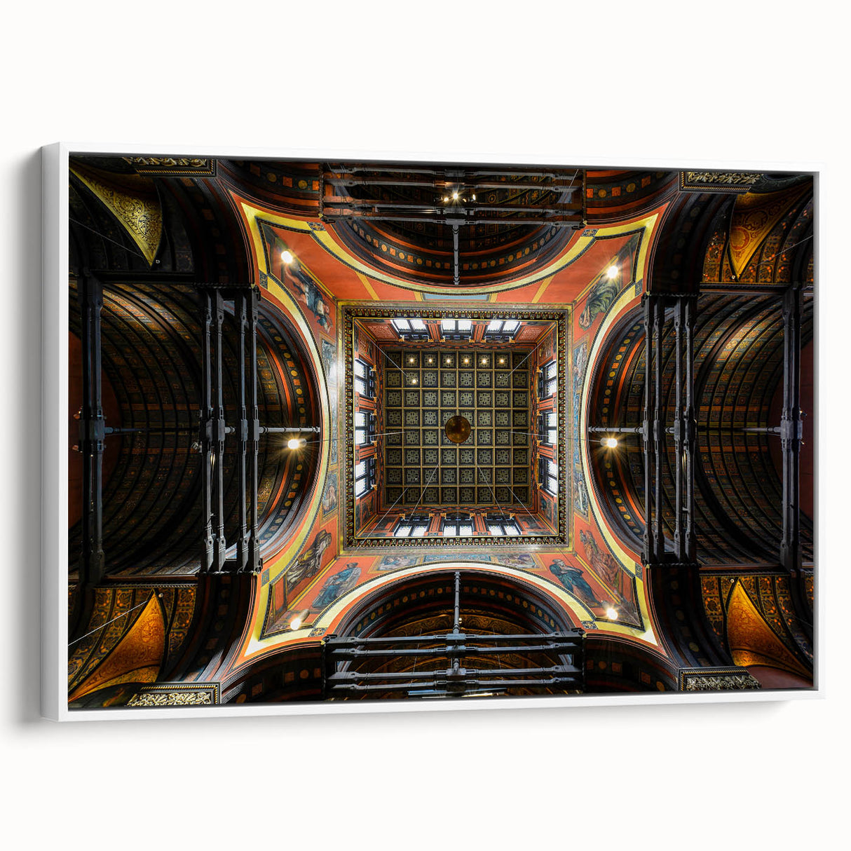 Vintage poster art of Boston skyline in colorful hues on a framed canvas, ideal for living room decor.