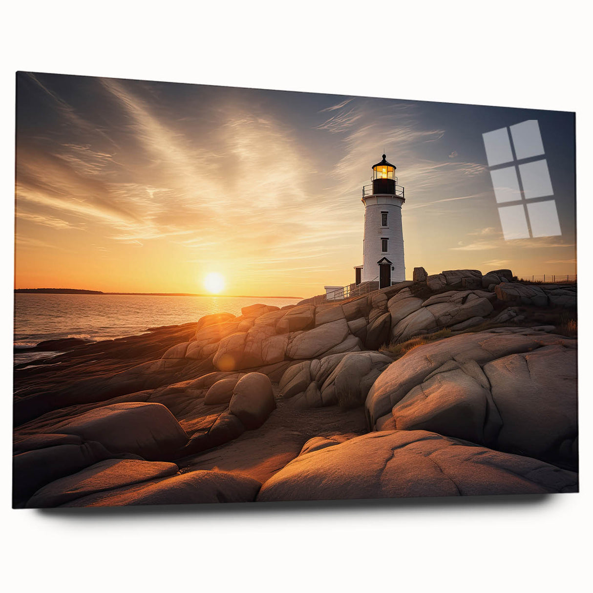Large abstract wall art of a Massachusetts Cape scenery in muted blue tones on acrylic glass.