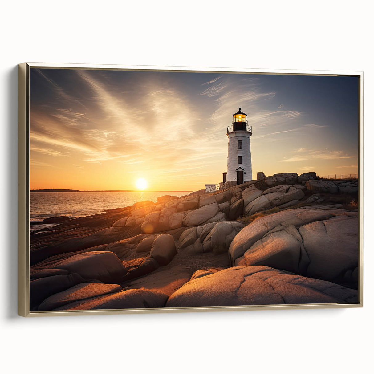 Framed canvas depicting a vintage-style landscape of Cape Cod in gold and black tones, suitable for bedroom wall art.