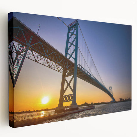 Side view of a large canvas featuring a detailed Detroit skyline in muted gray and blue tones, suitable for kitchen wall art.