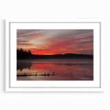 Abstract art print of Michigan's Upper Peninsula in muted earth tones on a framed white mat.