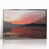 Mid-century modernist art depicting Michigan's Upper Peninsula in muted earth tones on a framed acrylic print.