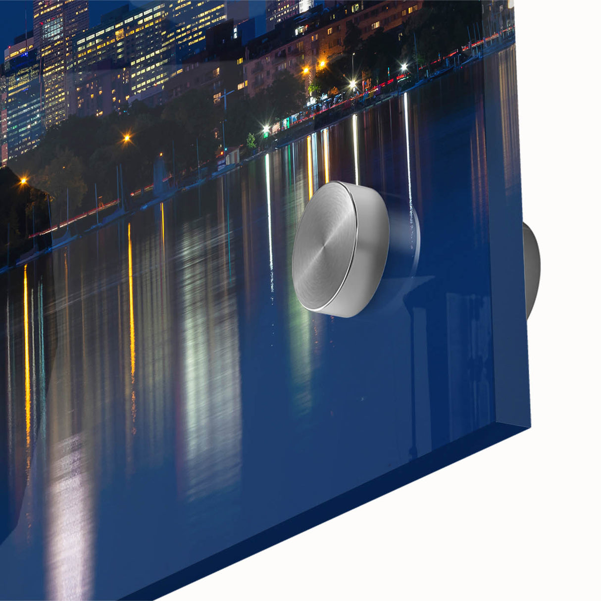 Acrylic print of a large abstract depiction of Minneapolis in muted blue and green tones, suited for dining room art.