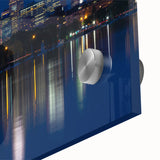 Acrylic print of a large abstract depiction of Minneapolis in muted blue and green tones, suited for dining room art.