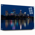 Acrylic glass print of a large abstract depiction of Minneapolis skyline in cool blue and gray tones.