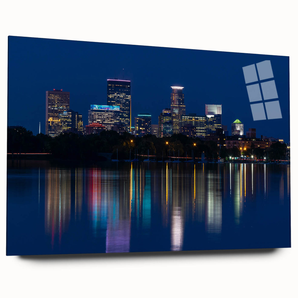 Large abstract wall art of Minneapolis skyline in muted blue tones on acrylic glass.