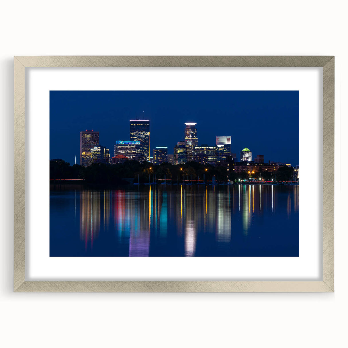 Textured abstract art print of Minneapolis skyline in muted gray, framed in silver, ideal for bedroom art.