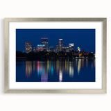Textured abstract art print of Minneapolis skyline in muted gray, framed in silver, ideal for bedroom art.