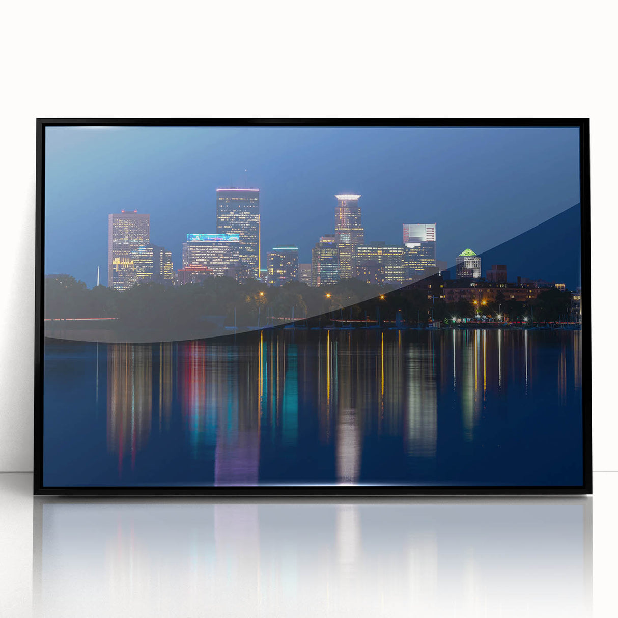 Large abstract wall art of Minneapolis skyline in black and white, acrylic print in a black frame.