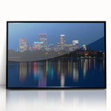 Large abstract wall art of Minneapolis skyline in black and white, acrylic print in a black frame.
